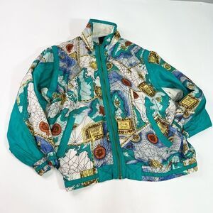 Mureli Silk Windbreaker Womens Medium World Map artsy High Neck Zip-Up Jacket